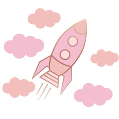 a rocket in flight and clouds. gold lines with pink