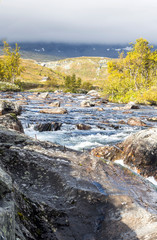 Mountains in the interior of southern Norway on a cloudy day.