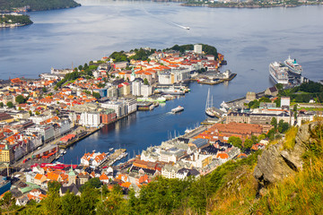 Bergen City, Scenic Aerial View Panorama harbour Cityscape under Dramatic Sky at sunset summer from Top of Mount Floyen Glass Balcony Viewpoint mountain