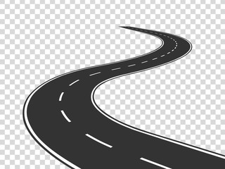 Winding road. Journey traffic curved highway. Road to horizon in perspective. Winding asphalt empty line isolated vector concept - obrazy, fototapety, plakaty