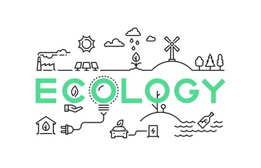 Ecology line concept. Global worming nature ecosystem green environment recycling industry. Business innovation eco vector set