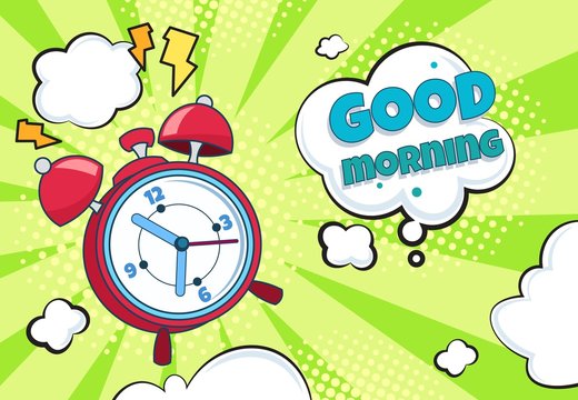 Pop Art Alarm Clock. Cartoon Retro Time Background Wake Up Countdown Surprise Watch Funny Timer. Halftone Cartoon Vector Comics Clock