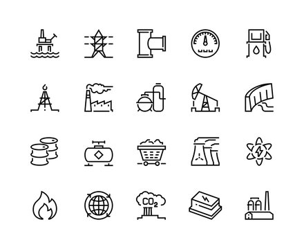 Heavy industry line icons. Oil gas production nuclear electric station fuel refinery barrel. Power storage industrial vector icons