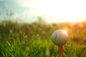 Golf ball on tee in beautiful golf course at sunset background.