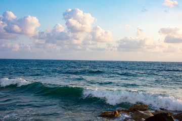 sea waves amongst rocky beach, Cyprus, Paphos,