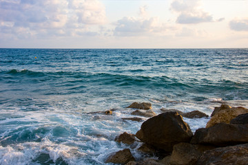 sea waves amongst rocky beach, Cyprus, Paphos,