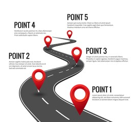 Road infographic. Curved road timeline with red pins checkpoint. Strategy journey highway with milestones vector concept - obrazy, fototapety, plakaty