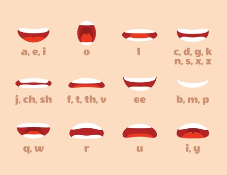 Mouth animation. Cartoon lips speak expression, articulation and smile. Speaking talking mouth vector isolated set
