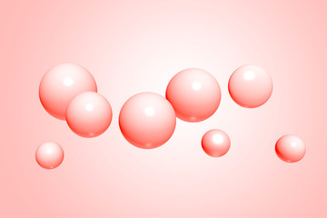 Abstract realistic spheres, glossy plastic balls on pink, living coral background, 3d rendering