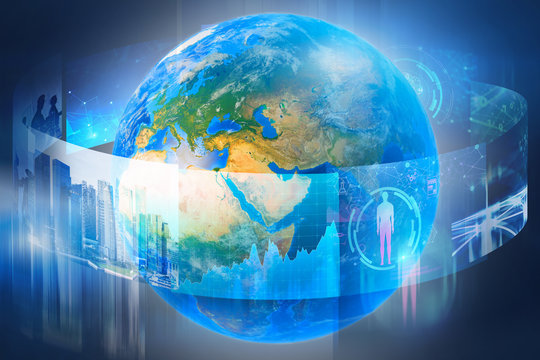 Earth surrounded by business images, blue