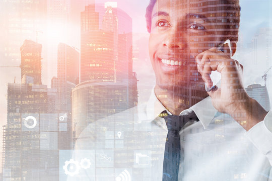 African American man with phone internet interface