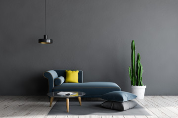 Gray living room with sofa and table