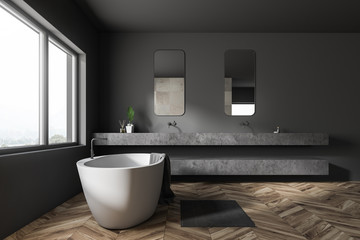 Obraz na płótnie Canvas Side view of gray bathroom, tub and sink