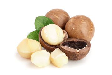 Shelled and unshelled macadamia nuts isolated on white background
