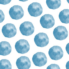 Vector watercolor circles blue seamless pattern tile. Hand drawn circles background. Round shapes backdrop. Blue polka dots. Painted ornament. Use for fabric, digital paper, web banner, decoration.