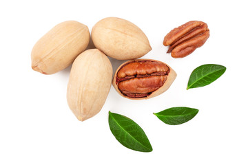 pecan nut decorated with green leaves isolated on white background. Top view. Flat lay