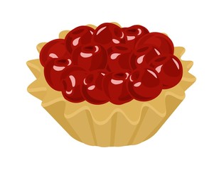 Tartlet with fresh cherries and cream. Vector illustration on white background.