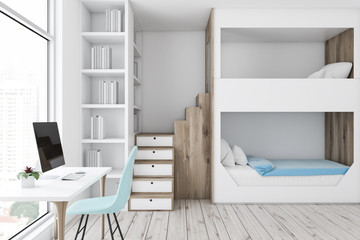 White bunk bed bedroom interior, computer desk © ImageFlow