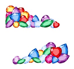 Gems. Colorful collection of different gemstones with space for text on white background amethyst, citrine, ruby and topaz. Vector illustration