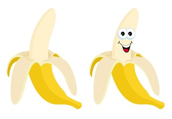 Half peeled Banana. Open Banana vector illustration on a white background. Funny cartoon character illustration.