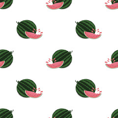 Watermelon seamless repeat pattern. Fun summer background -  watermelon and watermelon bitten slice with juicy drops on white.