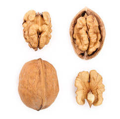 Walnuts isolated on white background. Top view. Flat lay. Set or collection