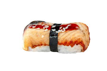 close up of sashimi sushi roll isolated on white background