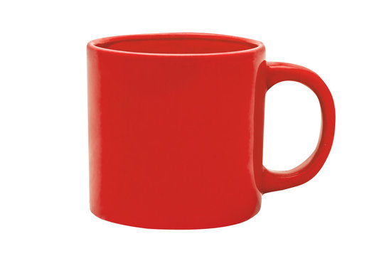 Red glass, colore mug on white background, coffee cup. Isolated