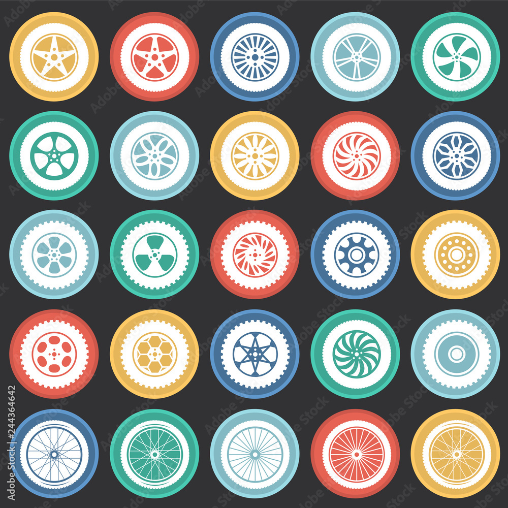 Poster wheel icons set on color circles black background for graphic and web design, modern simple vector s