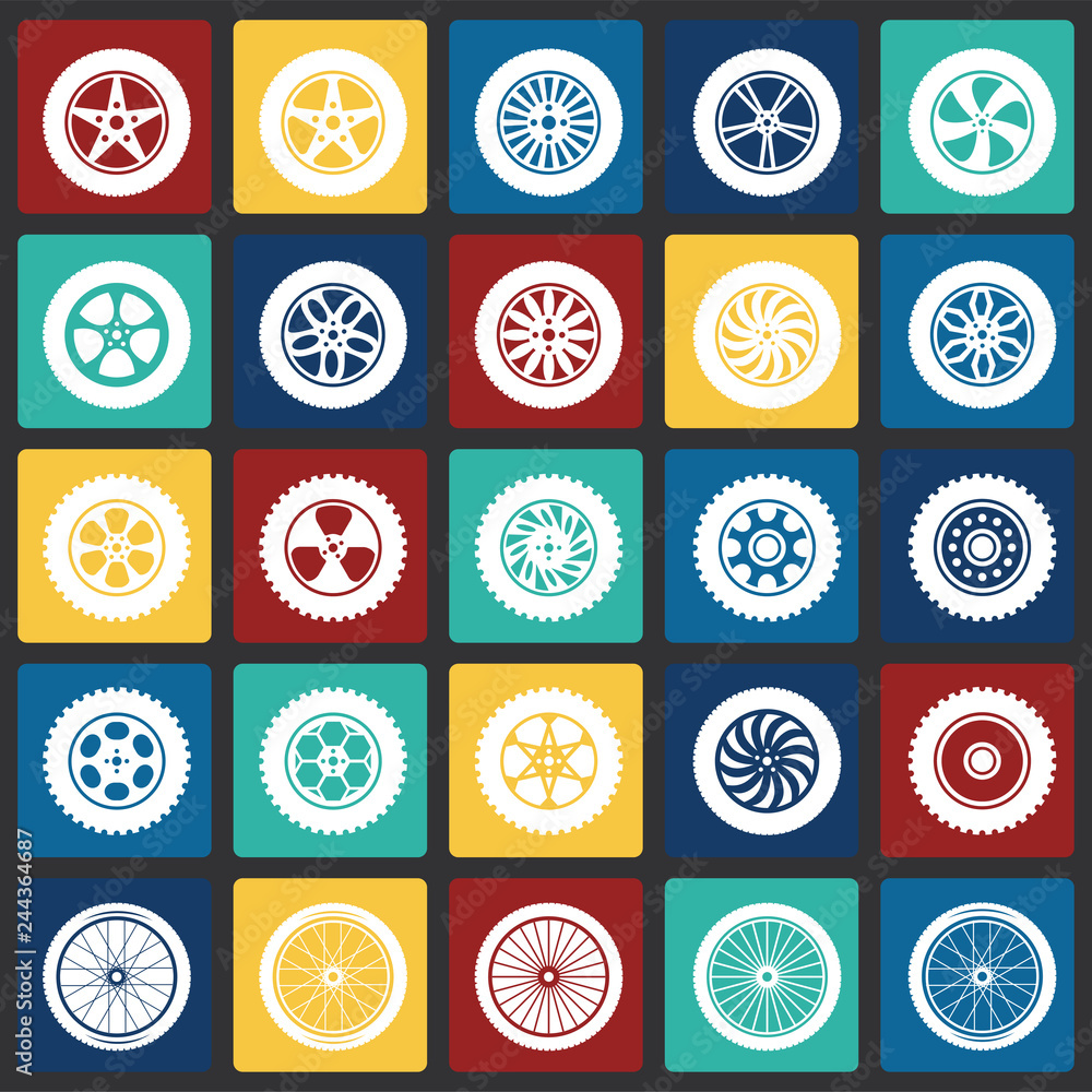 Poster wheel icons set on color squares background for graphic and web design, modern simple vector sign. i