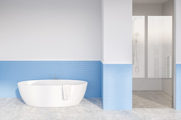 Obraz na płótnie Canvas White and blue bathroom, tub and shower