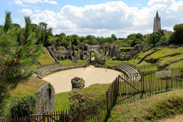 Saintes, France. The Gallo-Roman Amphitheatre of Mediolanum Santonum, a major antiquity landmark and monument in the modern day city of Saintes - obrazy, fototapety, plakaty
