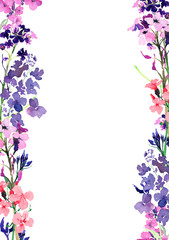 Hand drawn watercolor vertical frame with meadow small blue and pink flowers and herbs on white background. Design for cards, invitations, flyers.