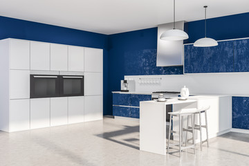 Blue and white kitchen corner, stoves