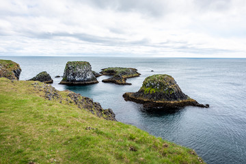 Landscape view rocks in ocean on coast in Hellnar National park Snaefellsnes Peninsula in Iceland with green grass on summer day