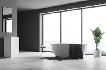 Gray panoramic bathroom, tub and sink