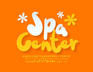 Vector bright Sign Spa Center. Cute yellow Font. Set of handwritten Alphabet Letters, Numbers and Symbols.