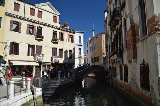 Bridge Of The River Tera De La Maddalena In Venice. Travel, holidays, architecture. March 28, 2015. Venice, Veneto region, Italy.