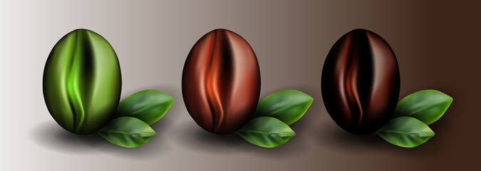 Set of Roasted Coffee Beans with Fresh Coffee Leaves