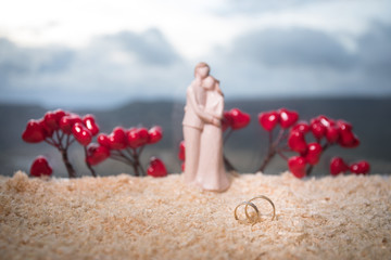 Valentines Day love concept. Figurine of married couple hugging , couple in love and pre-wedding background concept.