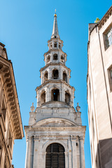 Fototapeta premium London, UK Low angle view looking up on St. Bride's church in center of downtown financial district city with old architecture on Fleet street