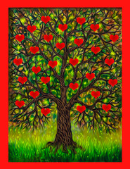 Oil painting - decorative tree with a green crown and red hearts on the branches