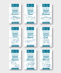 Premium quality fish and seafood vertical labels set.