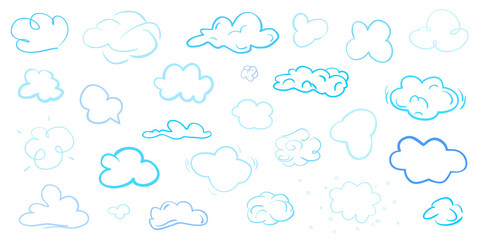 Colorful clouds on isolation background. Sketchy doodles on white. Hand drawn infographic elements. Colored illustration. Sketches for artworks