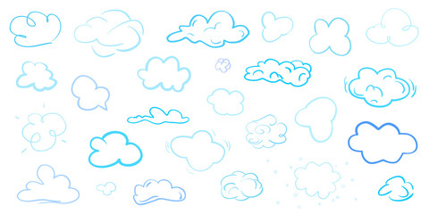 Colorful clouds on isolation background. Sketchy doodles on white. Hand drawn infographic elements. Colored illustration. Sketches for artworks