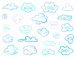 Colorful clouds on isolation background. Sketchy doodles on white. Hand drawn infographic elements. Colored illustration. Sketches for artworks