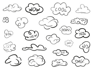 Clouds on isolation background. Sketchy doodles on white. Hand drawn infographic elements. Black and white illustration. Sketches for artworks