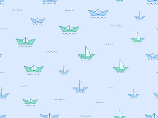 Paper ship on water waves seamless pattern. Blue sketch origami ships, boats, cute doodle baby elements. Sea, delivery concept. Childish background. Hand drown design for boys. Vector illustration