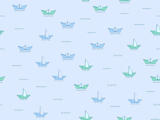 Obraz premium Paper ship on water waves seamless pattern. Blue sketch origami ships, boats, cute doodle baby elements. Sea, delivery concept. Childish background. Hand drown design for boys. Vector illustration
