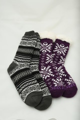 pair of winter wool socks with a pattern. skid socks
